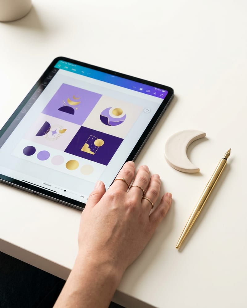 Moon Das at work: a styled designer's desk showing brand templates in violet and gold tones open in Canva, with a printed color palette card and crescent moon prop arranged nearby.
