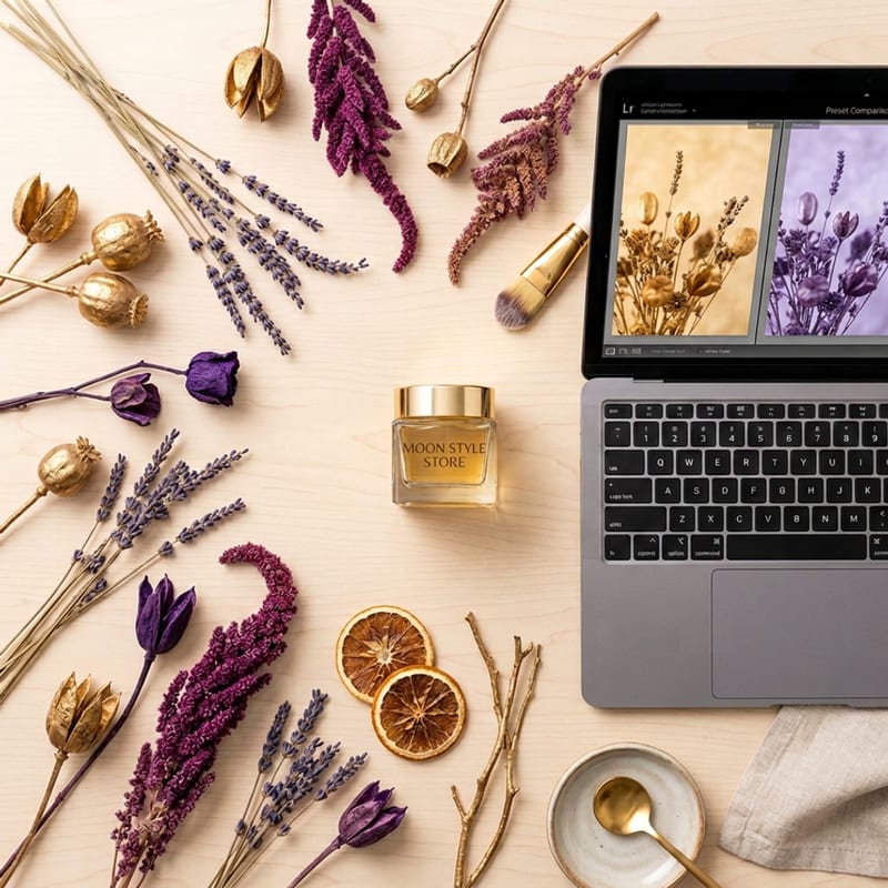 Styled flat-lay for the Presets and Mockup Bundle — product box, dried botanicals, and laptop with Lightroom before-and-after comparison in violet and gold