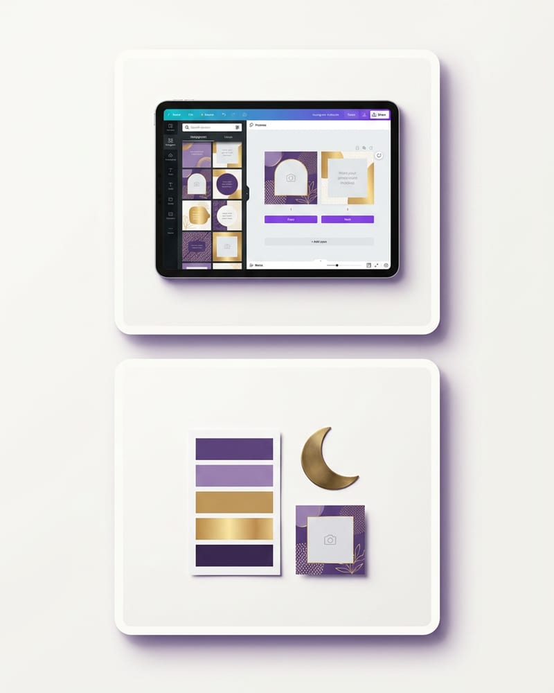 Flat-lay showing the Lunar Bloom brand starter kit — color palette card in violet and gold, Canva template on a tablet, and a crescent moon prop