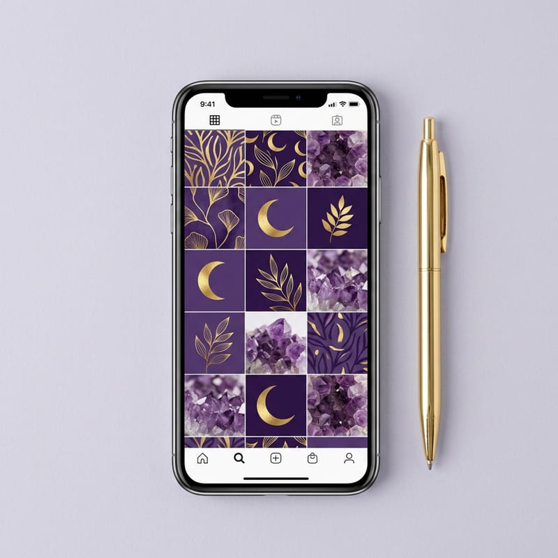 Phone on a lavender desk showing a cohesive violet and gold Instagram grid from the Social Media Content Pack