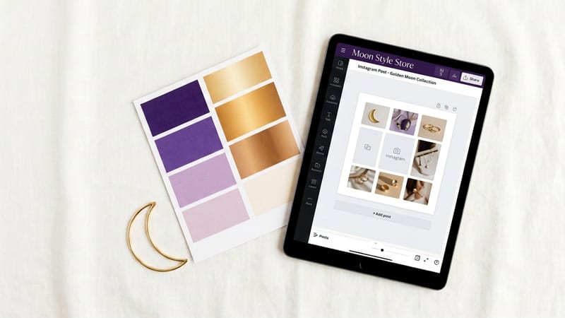 Flat-lay of the Lunar Bloom Brand Starter Kit — color palette card, tablet with Canva Instagram template, and crescent moon prop
