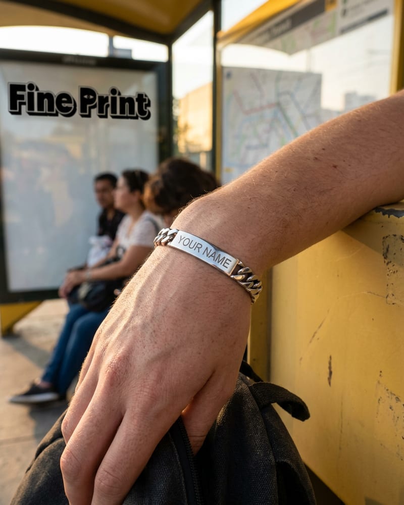 Young person waiting at a bus stop with a stainless steel name bracelet on their wrist