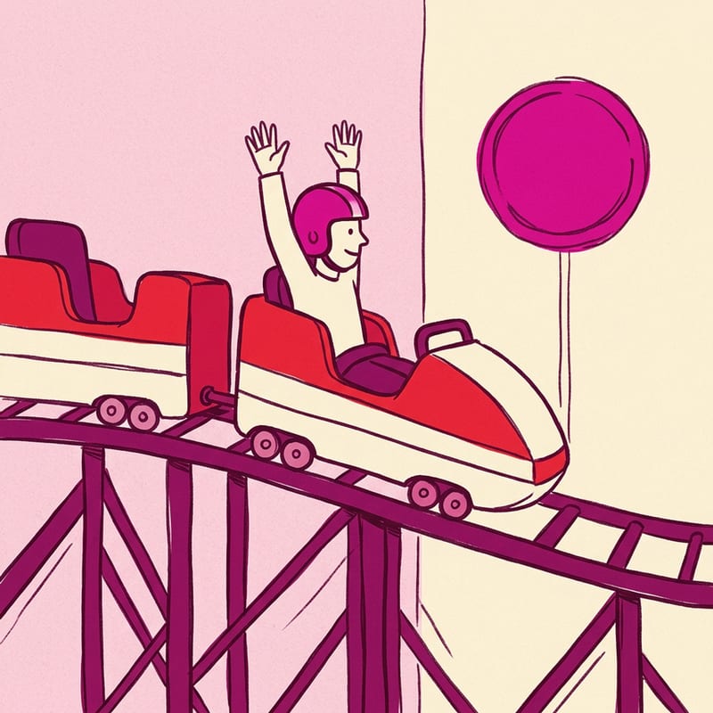 Hand-drawn stack of coaster cars climbing from the smallest at the bottom to the biggest at the top