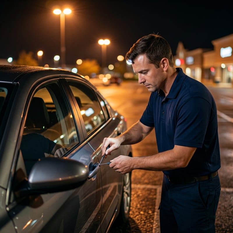 Mobile locksmith technician using a slim-jim tool on a sedan door in a Wilmington parking lot at night