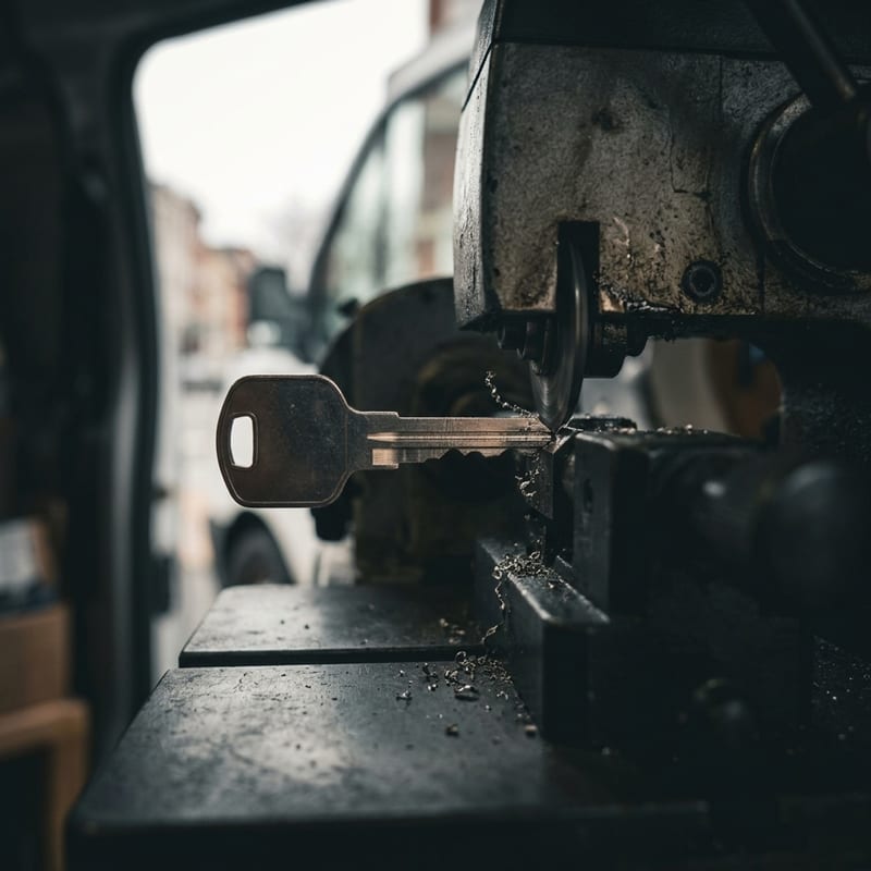 Blank car key being cut by a key-cutting machine on a dark metal work surface