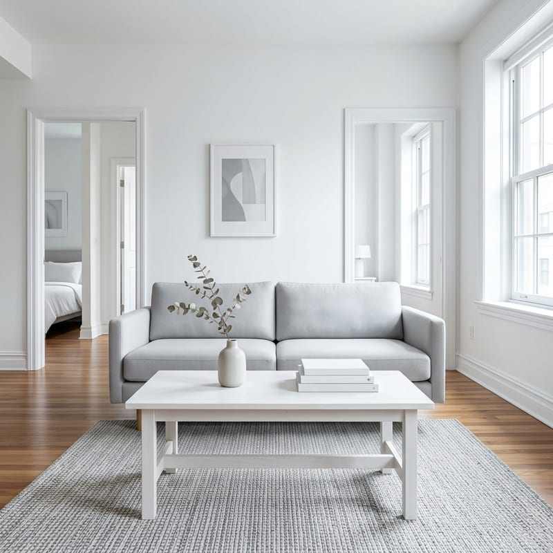 Bright NYC two-bedroom apartment living area post-clean with swept wood floors and morning light through white-framed windows
