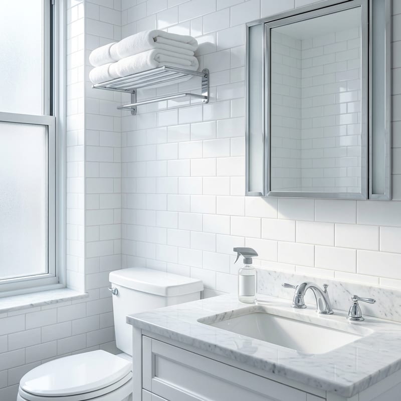 Sparkling clean NYC apartment bathroom after a deep clean with gleaming subway tile and chrome fixtures