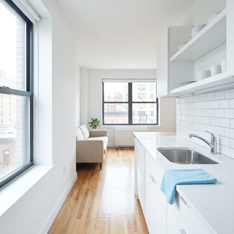 Bright airy NYC studio apartment interior just after a morning clean with gleaming wood floors and natural window light