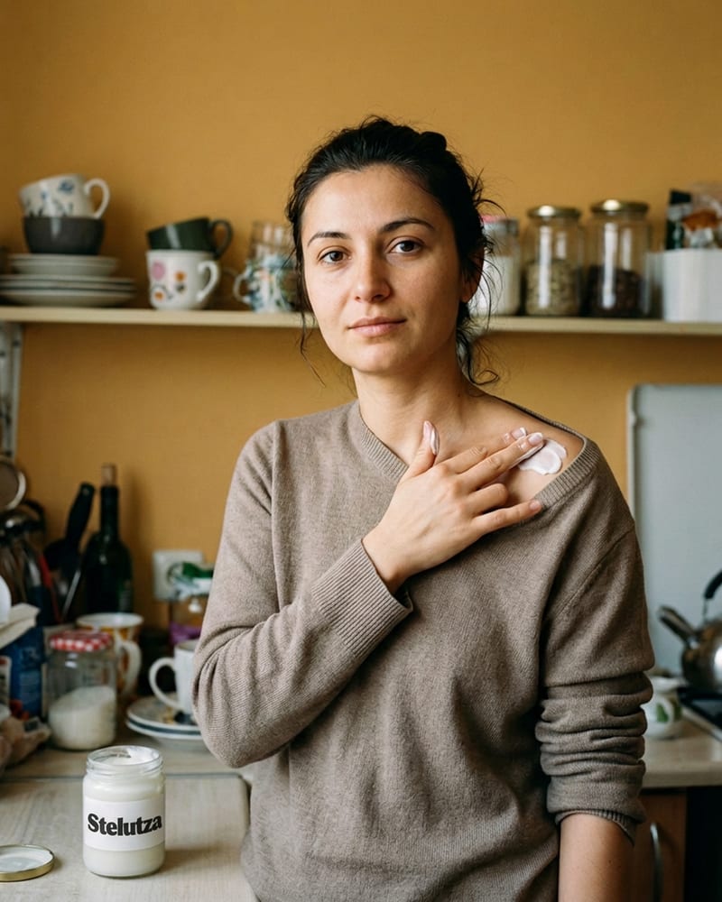 Cutiuța Zvezdochka folosită pe umăr, ca gest cosmetic de acasă