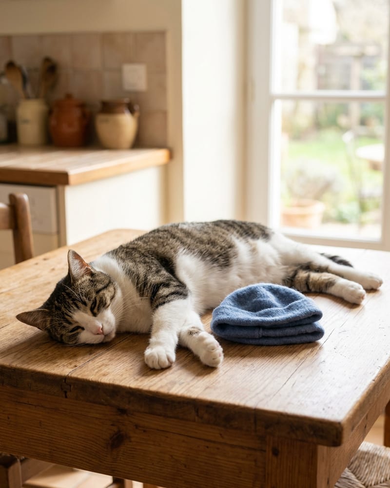 Étape 3 : le chapeau est retiré et rangé, le chat se détend