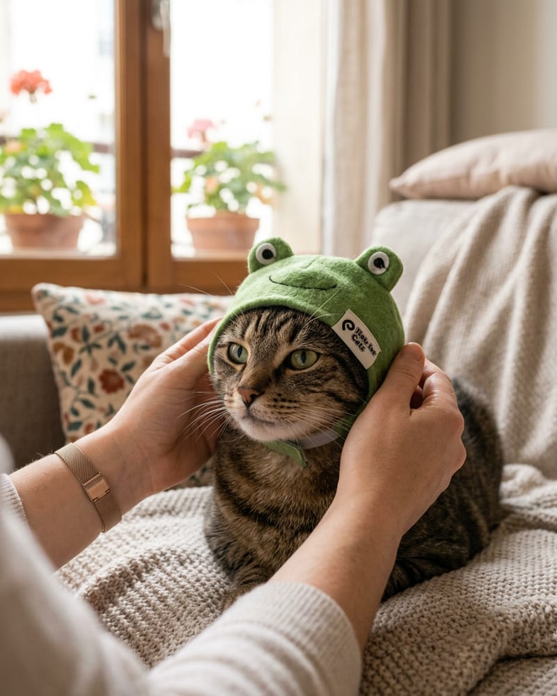 Étape 1 : on pose doucement le chapeau sur la tête du chat