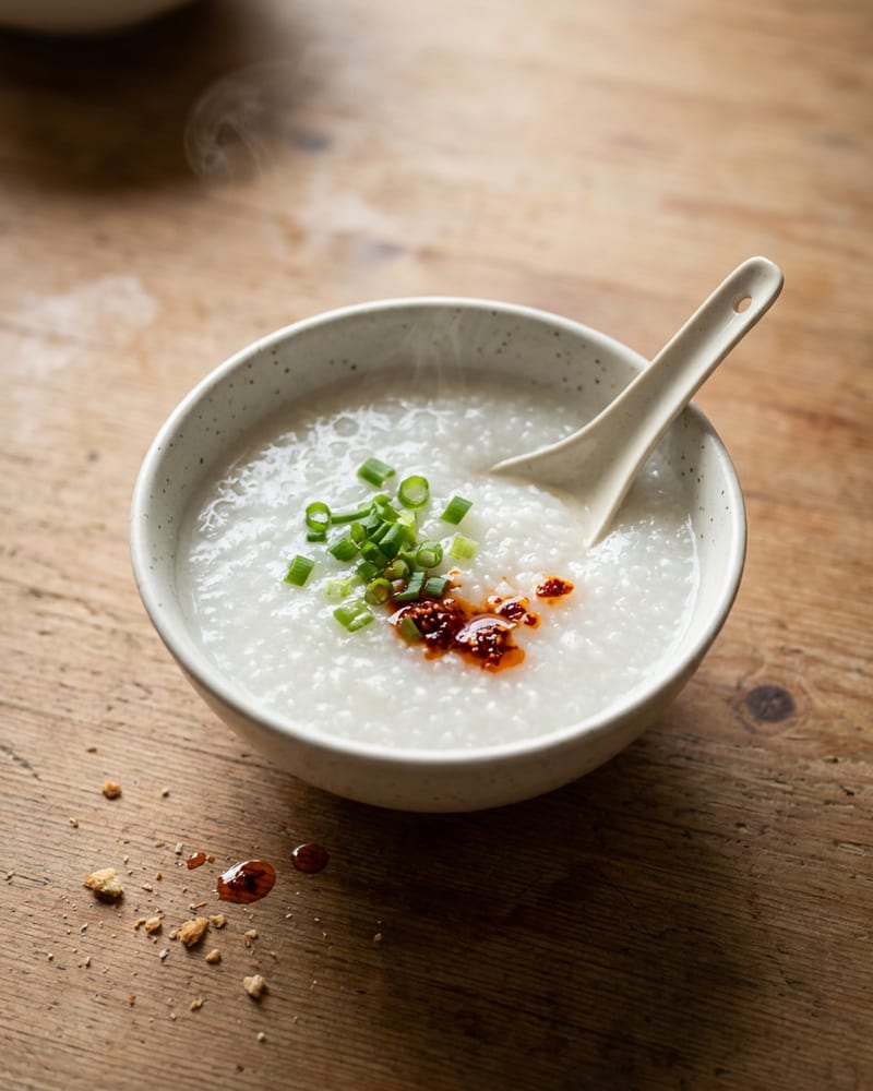 A bowl of congee with a spoonful of chili oil resting beside it