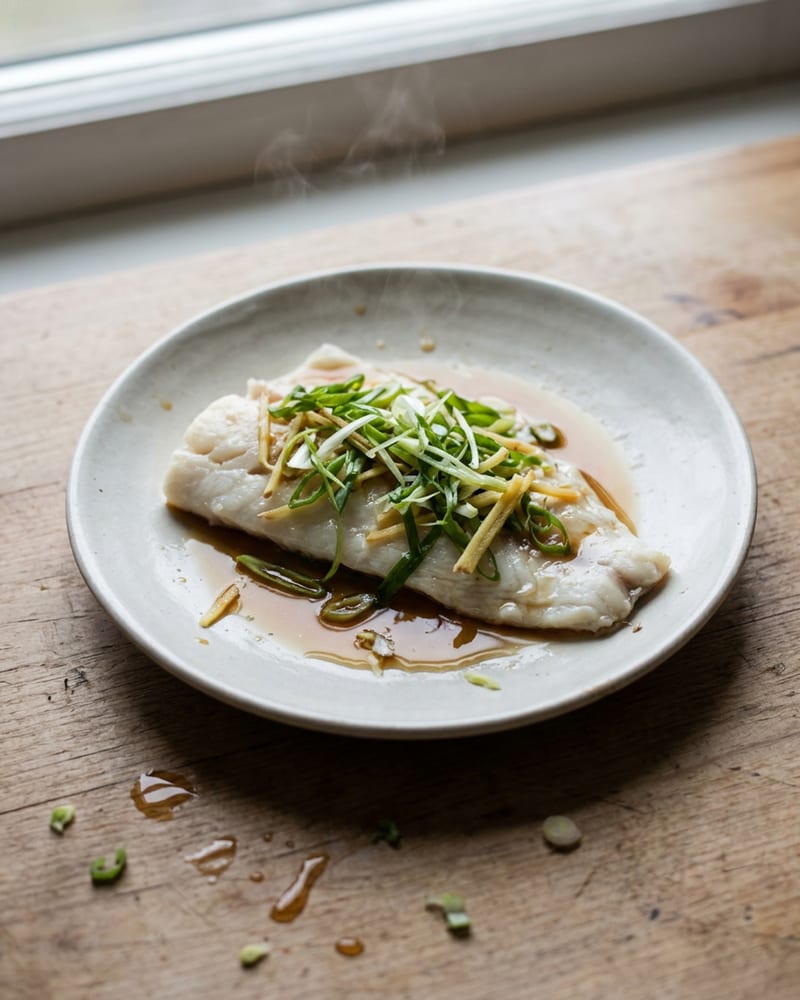 A whole steamed fish topped with sliced scallion on a plate in a home kitchen
