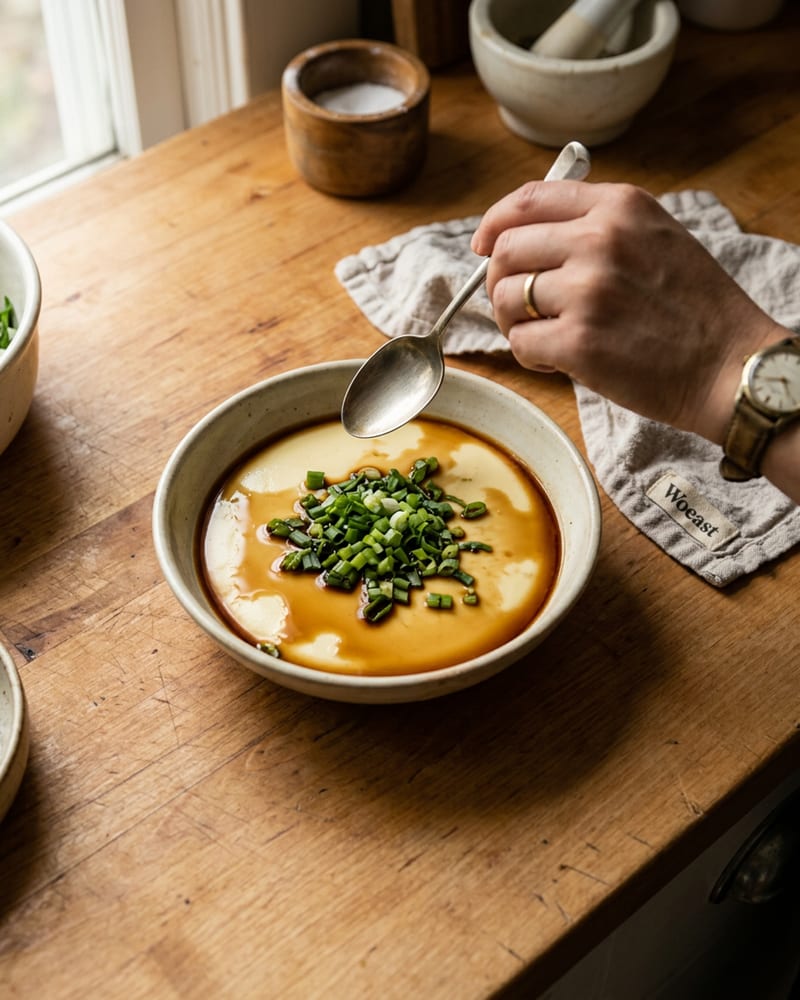 A bowl of silky steamed egg finished with a drizzle of soy sauce