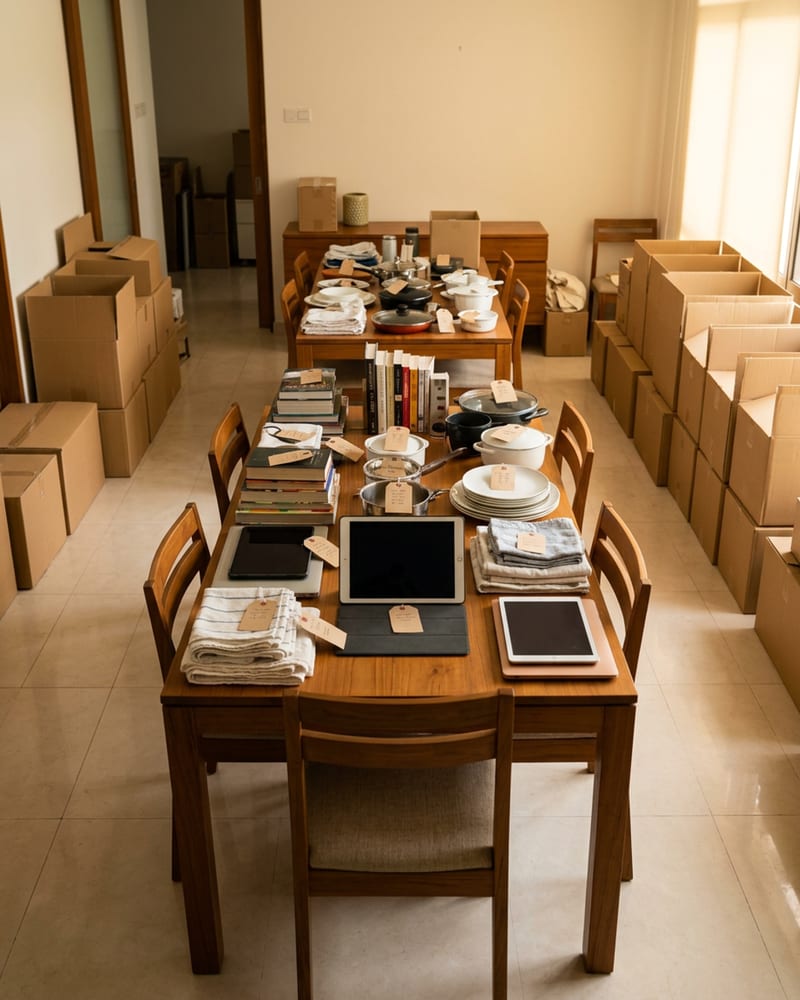 Job two before: a dining table piled with crockery and papers, surrounded by stacked moving boxes