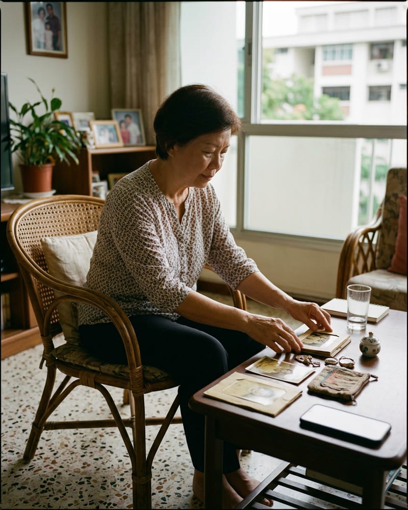 An older parent at home, going through keepsakes at a table before a move