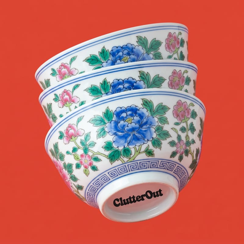 A stack of old Peranakan porcelain bowls with painted patterns
