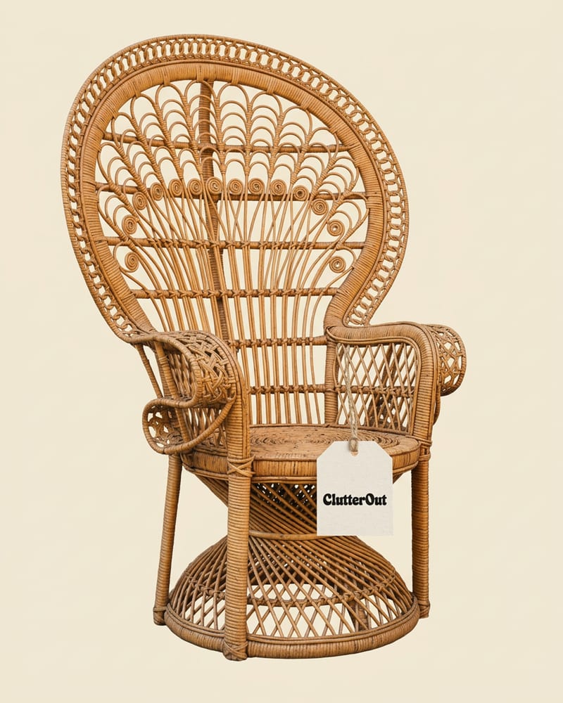 The woven cane peacock back of a vintage rattan armchair