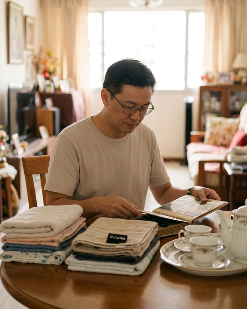 An adult child quietly looking through a parent's home with care