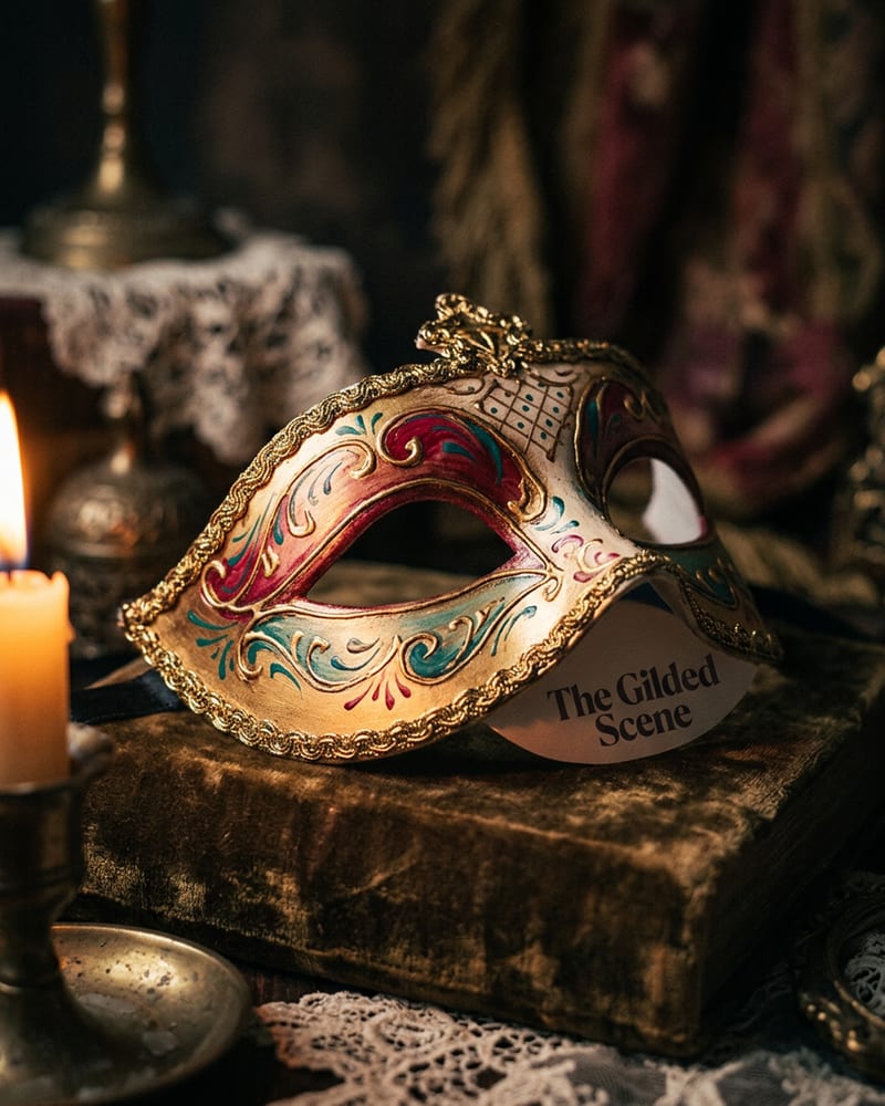 A hand-painted night mask in deep black and gold, resting on velvet — the keepsake guests craft during The Crimson Curtain