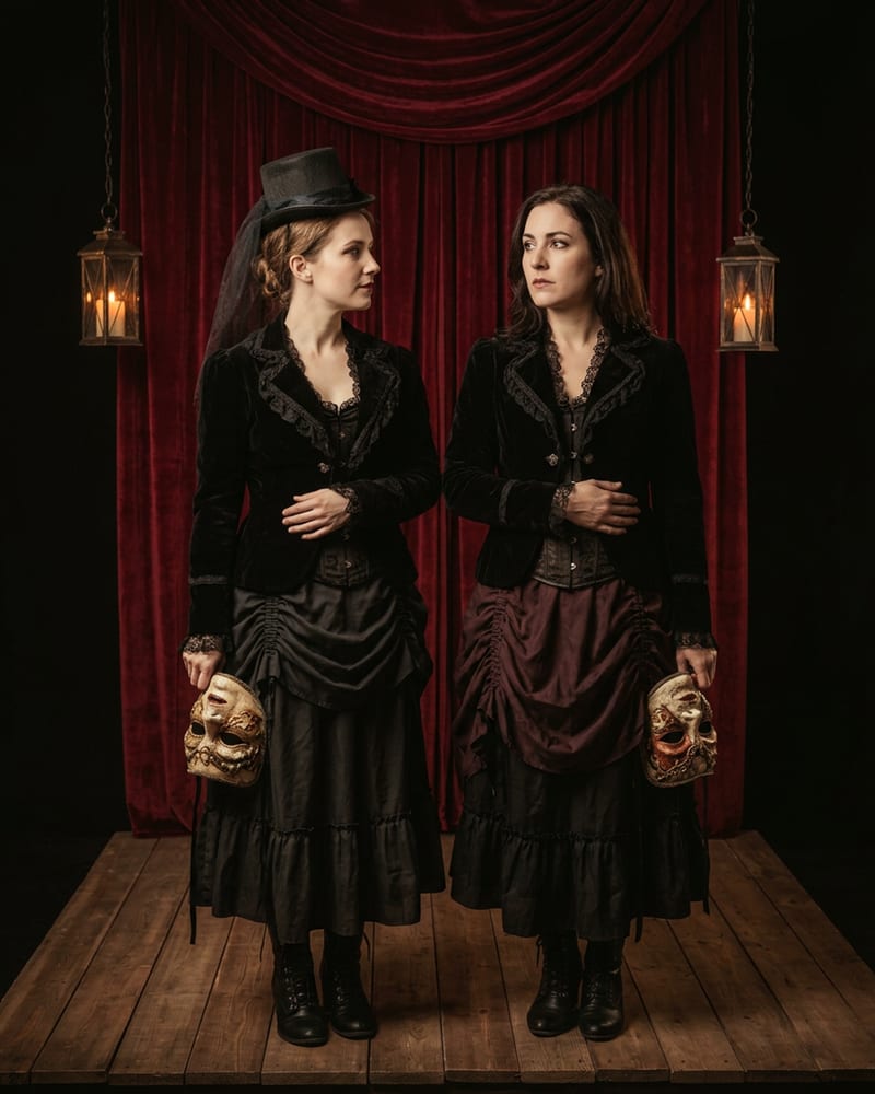 Guests in costume on the Crimson Curtain stage set, lit dramatically for their professional closing-night photograph