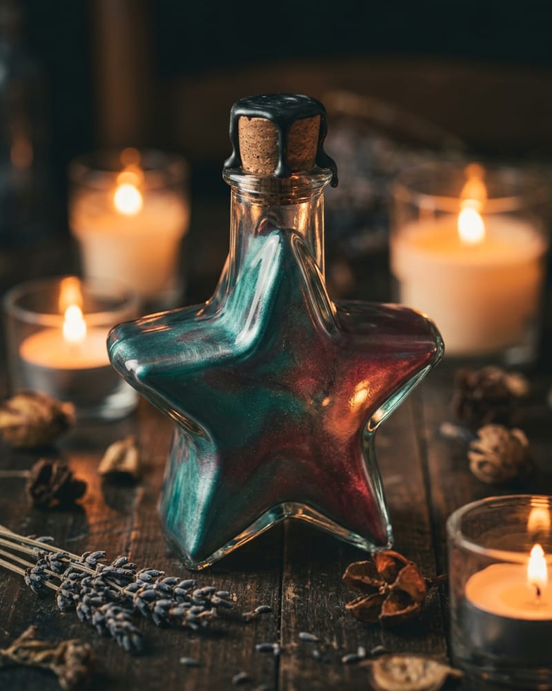A sealed glass star bottle filled with iridescent powder and a handwritten scroll, glowing softly in candlelight