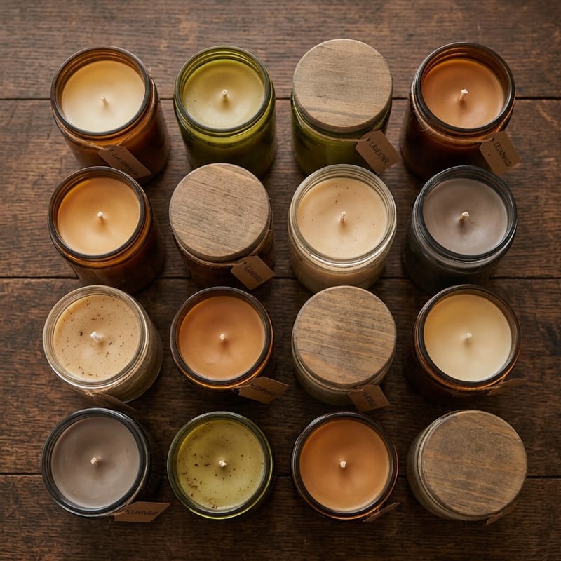 Twelve Signature Candles in recycled glass jars arranged in a grid on dark aged wood, assorted warm wax tones visible through the glass