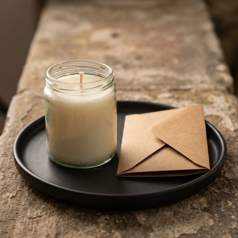Loop Kit: a reclaimed wax candle in a recycled glass jar next to a folded kraft return envelope on a dark ceramic tray