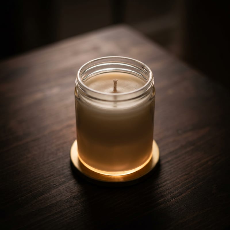 An 8 oz Signature Candle poured from reclaimed wax in a clean recycled glass jar, resting on dark aged wood with warm candlelight glow