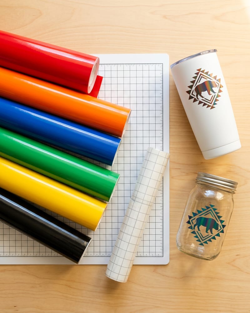 Decal and Vinyl Starter Bundle flat-lay: cutting machine, vinyl rolls, transfer tape, cutting mat, and finished decal examples on a tumbler and jar