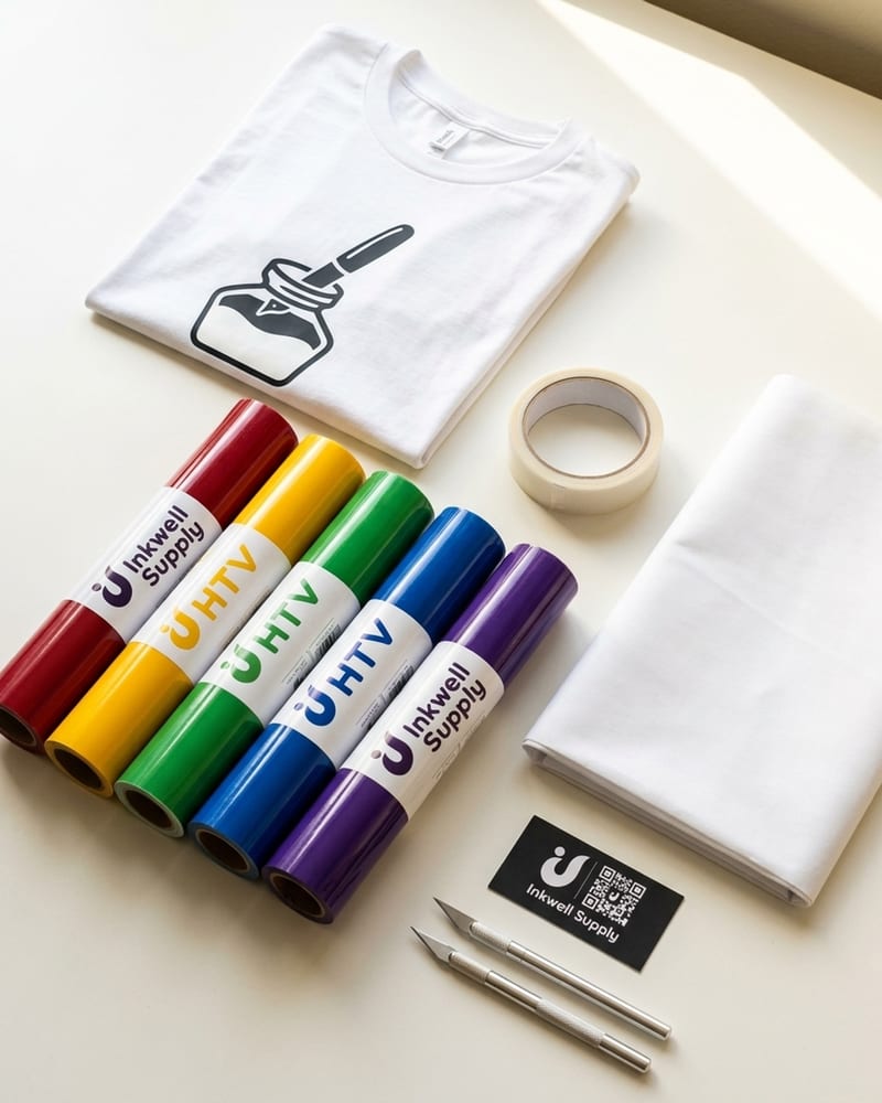 Apparel Starter Bundle flat-lay: cutting machine, HTV rolls, heat tape, Teflon sheet, and a finished HTV shirt