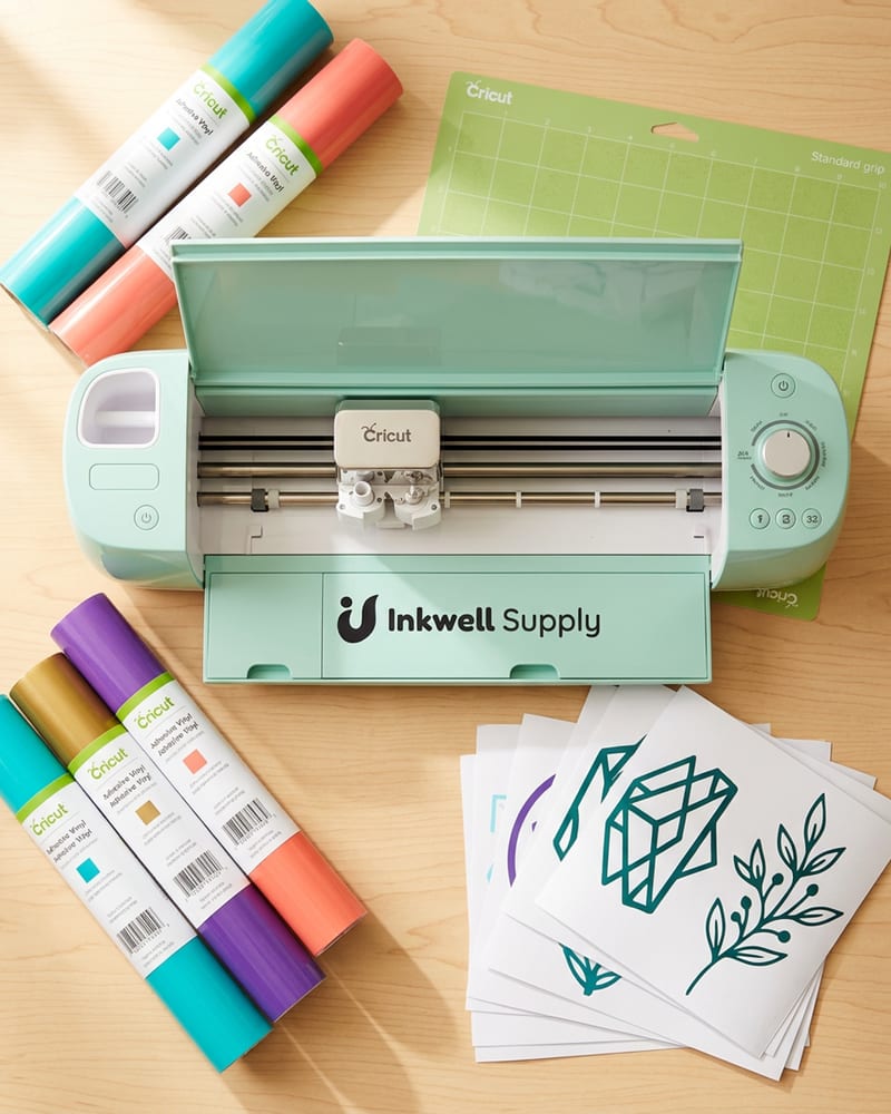 Cricut Explore Air 2 cutting machine on a wood desk surrounded by colorful vinyl rolls and finished decals
