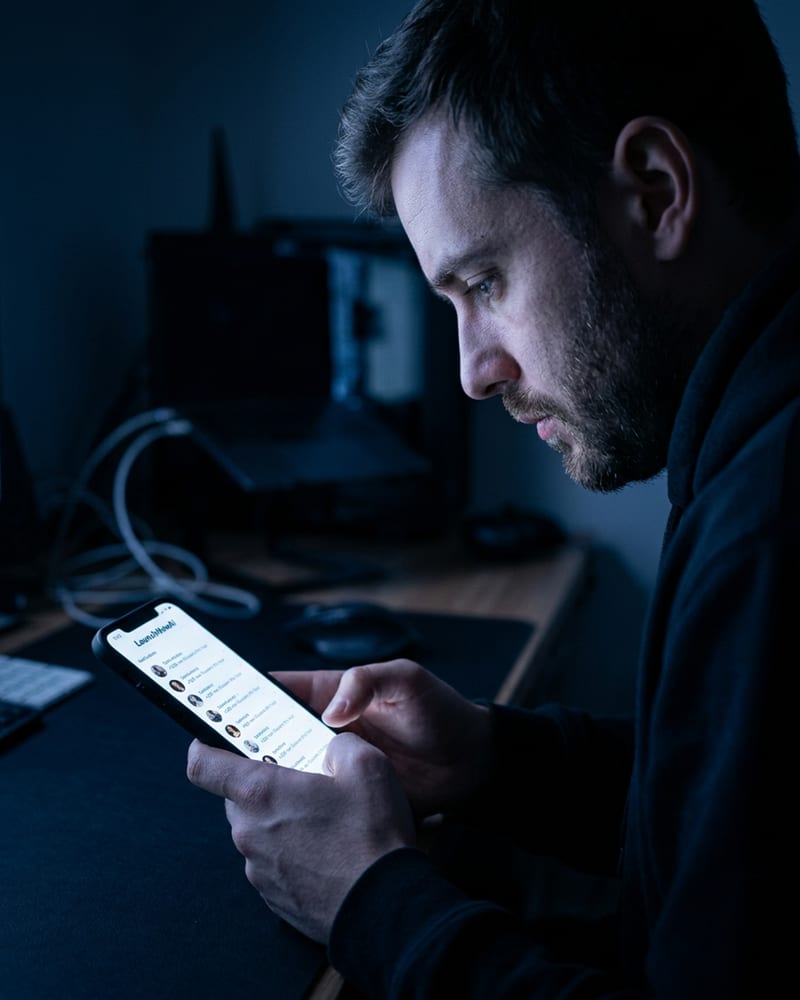 A founder at a laptop reviewing their pre-launch outreach dashboard as waitlist sign-ups come in