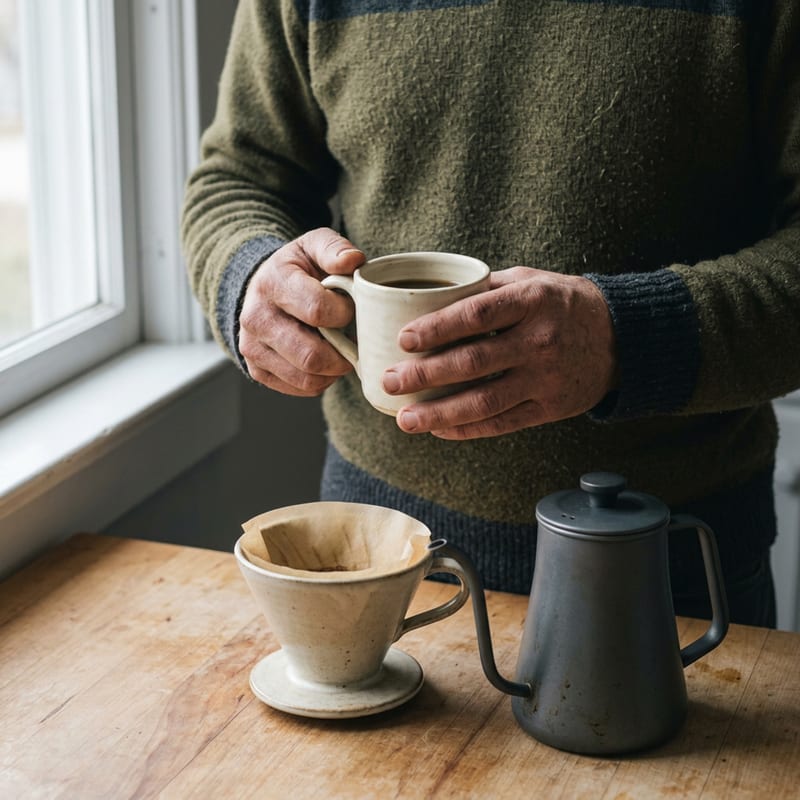 Coffee brewing on a kitchen counter with the bag beside it