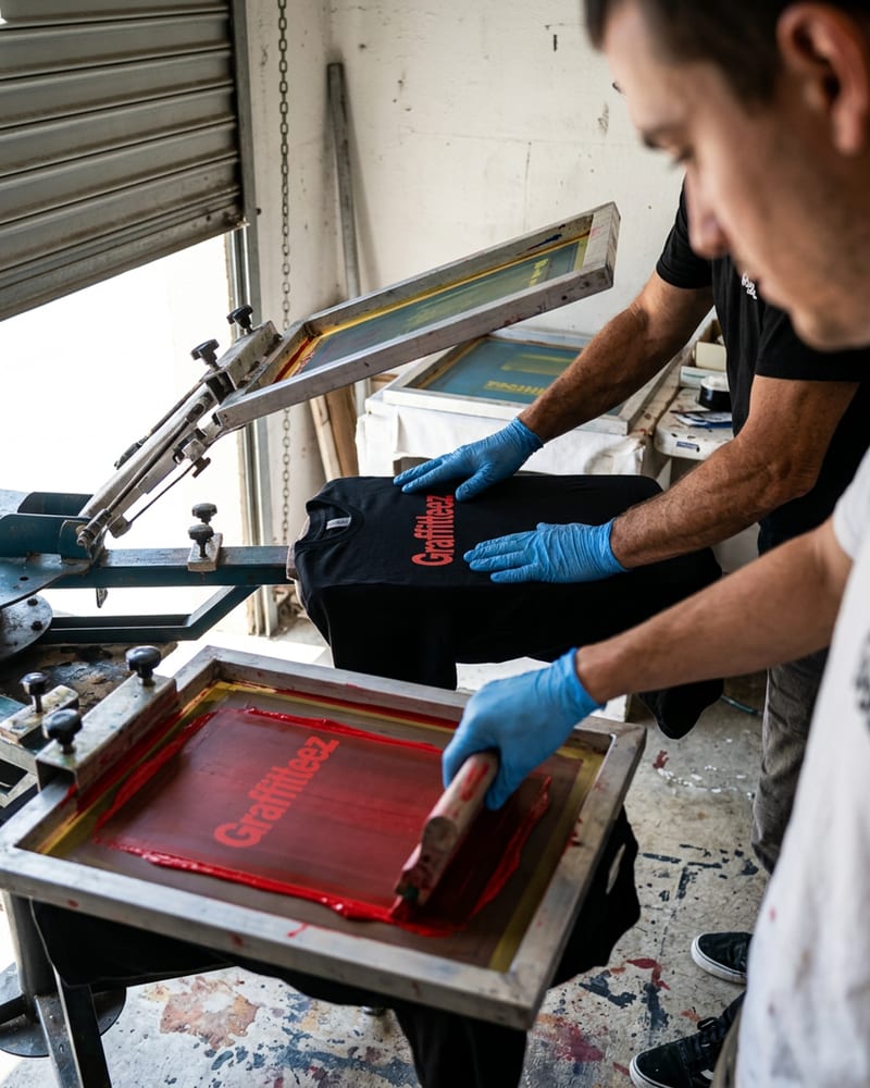 Screen press pulling ink across a black garment laid flat on the press