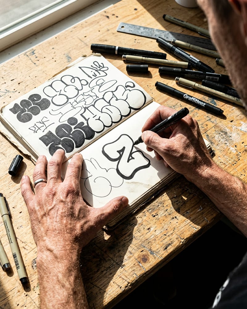 Open sketchbook page covered in marker lettering sketches for a new graffiti piece