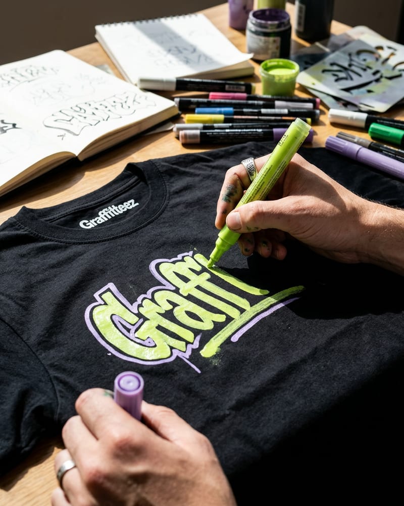 The founder's hand painting a graffiti piece with a brush and marker
