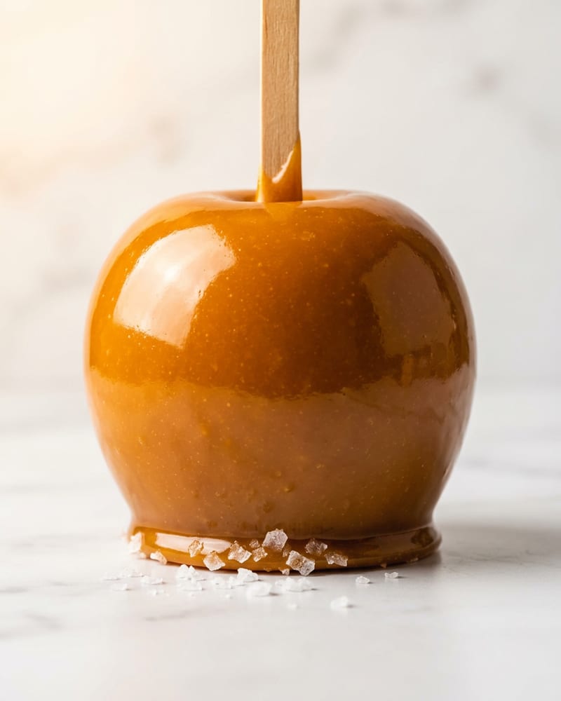 A glossy hand-dipped caramel apple with layered toppings, gift-ready on a warm cream surface