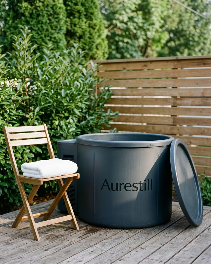 Cold plunge tub with a built-in chiller on the wooden patio of a US home, with green foliage behind