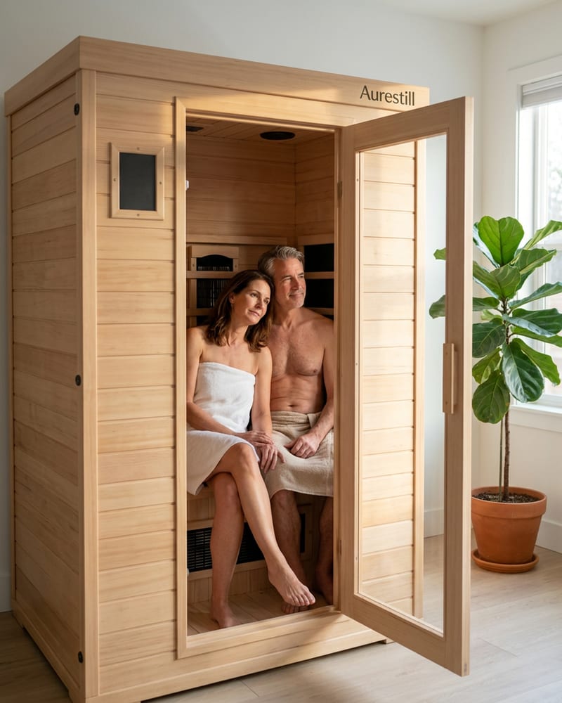 Light-wood infrared home sauna in a bright spare room of a US home with white walls and daylight from a window