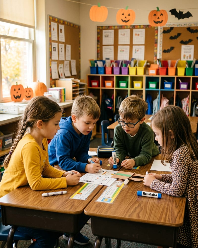 Six and seven year olds working together at their desks on a party center, with no adult at the table