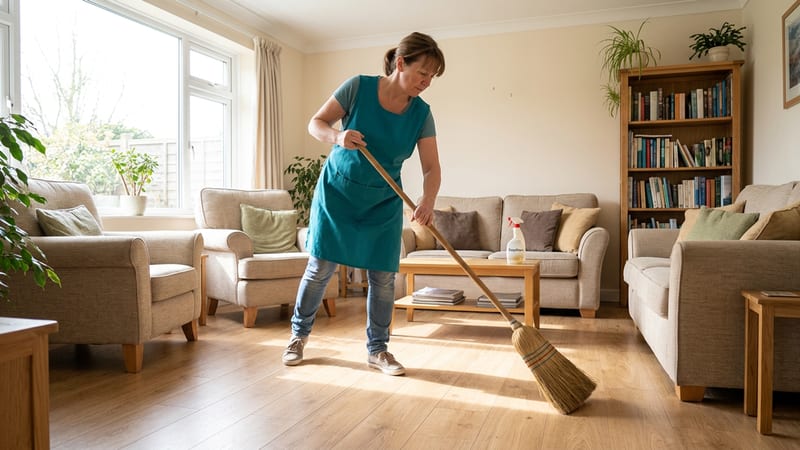 A cleaner in a teal apron mopping a laminate living-room floor in a bright Worcester home