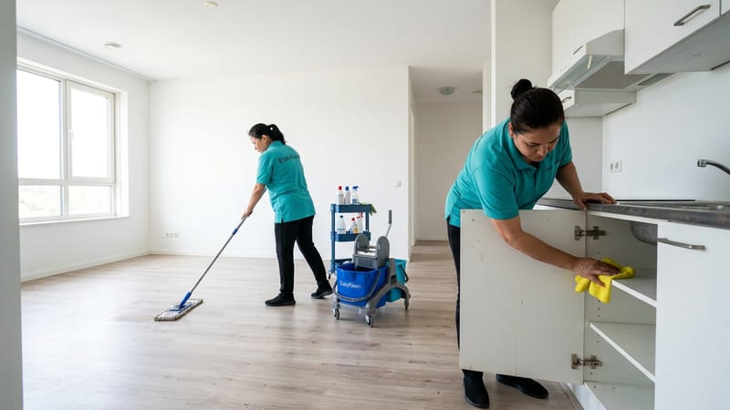 Two-person cleaning crew in teal uniforms deep-cleaning an empty rental apartment during a move-out