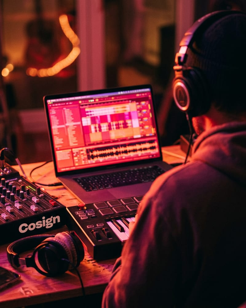 A producer at a home studio desk with monitors and a keyboard in warm coloured light