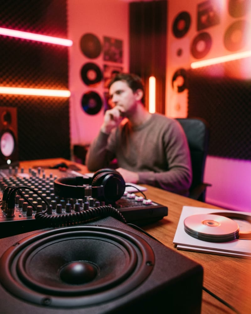 A label A&R listening to a demo on headphones in a gel-lit office