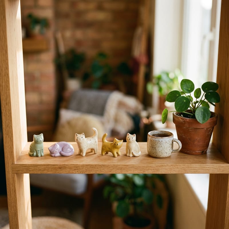 Tiny pastel cat figures lined up on a shelf, small enough to sit beside a desk