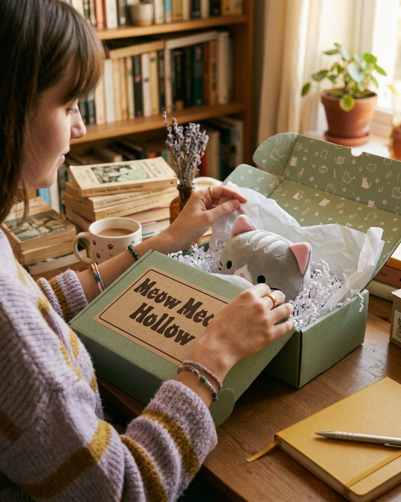 A parcel being unboxed on a desk, with Meow Meow Hollow wrapping opened to show what is inside