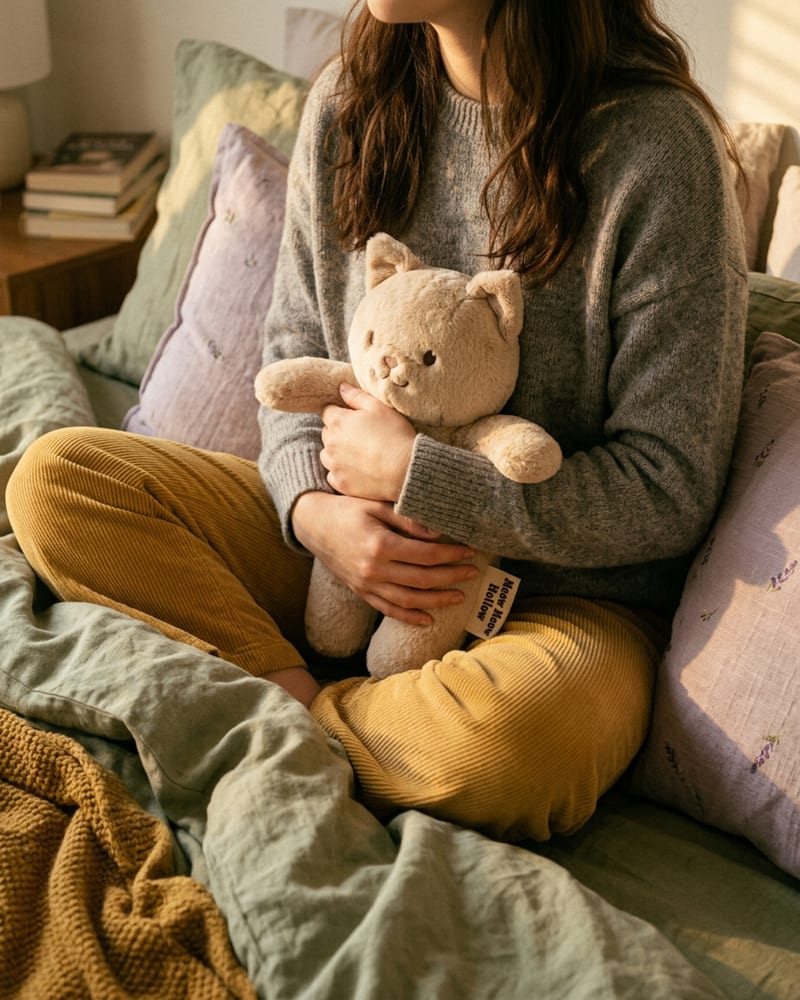 A soft cream cat plush being hugged close, showing its short plush finish and true 8 to 10 inch size