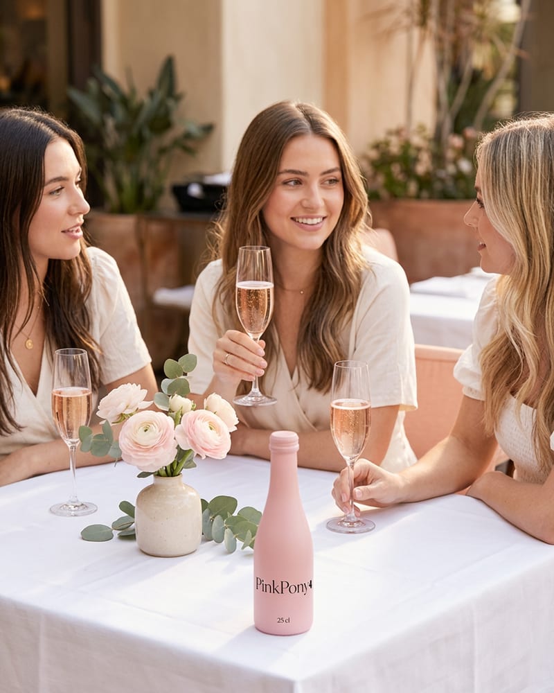 A pale linen brunch table set with blush flowers and pink-label sparkling rosé bottles
