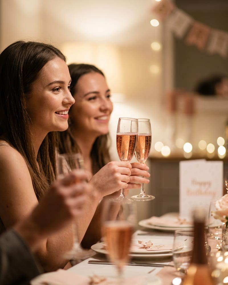 Pink-label bottles set out for a birthday toast, one for every guest